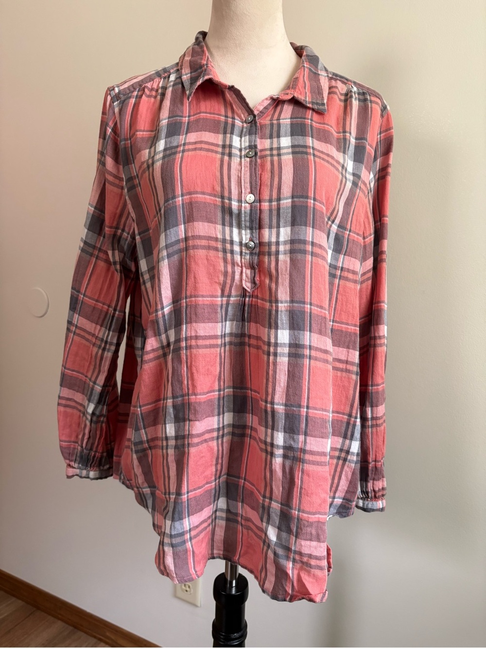Lucky Brand Women’s Plaid Flannel Coral/Gray Pullover Tunic Top Size XL